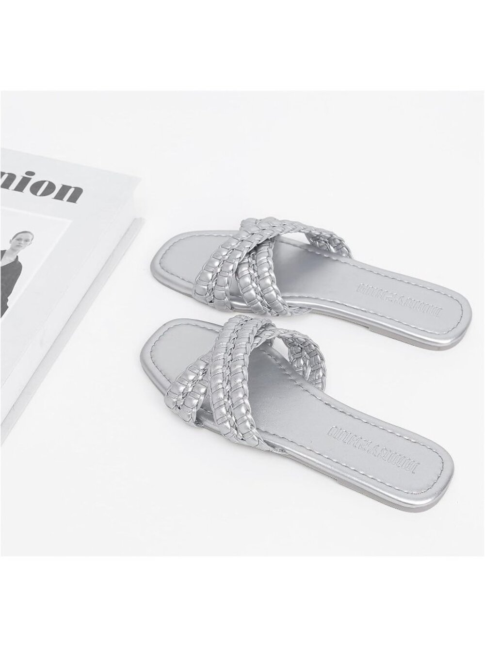 Women's Silver Faux Leather Flat Sandals Comfortable Slip On Braided - Picture 5 of 6